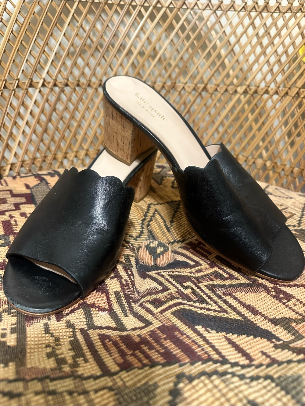 kate spade Black Leather Scallop-Edge Cork Block Heel Mules